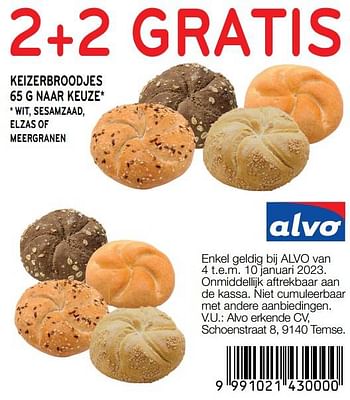 Promoties Keizerbroodjes 2+2 gratis - Huismerk - Alvo - Geldig van 04/01/2023 tot 10/01/2023 bij Alvo