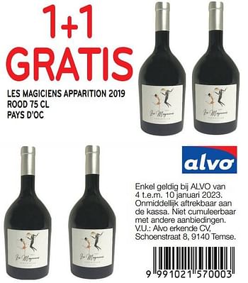 Promoties Les magiciens apparition 2019 rood pays d’oc 1+1 gratis - Rode wijnen - Geldig van 04/01/2023 tot 10/01/2023 bij Alvo