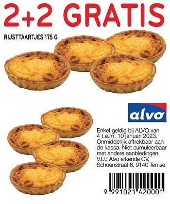 Promoties Rijsttaartjes 2+2 gratis - Huismerk - Alvo - Geldig van 04/01/2023 tot 10/01/2023 bij Alvo