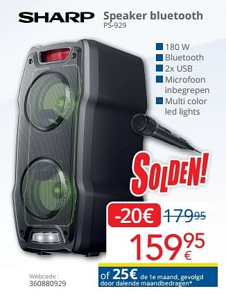 Promoties Sharp speaker bluetooth ps-929 - Sharp - Geldig van 03/01/2023 tot 31/01/2023 bij Eldi