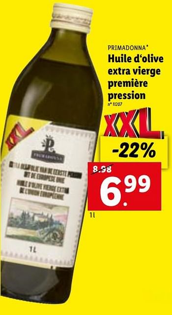 Promoties Huile d‘olive extra vierge première pression - Primadonna - Geldig van 09/01/2023 tot 14/01/2023 bij Lidl