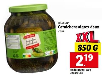 Promoties Cornichons aigres-doux - Freshona - Geldig van 09/01/2023 tot 14/01/2023 bij Lidl