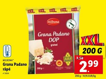 Promoties Grana padano râpé - Milbona - Geldig van 09/01/2023 tot 14/01/2023 bij Lidl