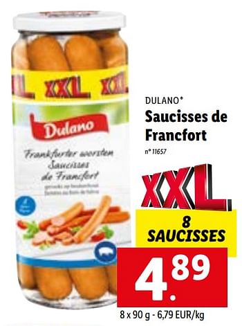 Promoties Saucisses de francfort - Dulano - Geldig van 09/01/2023 tot 14/01/2023 bij Lidl