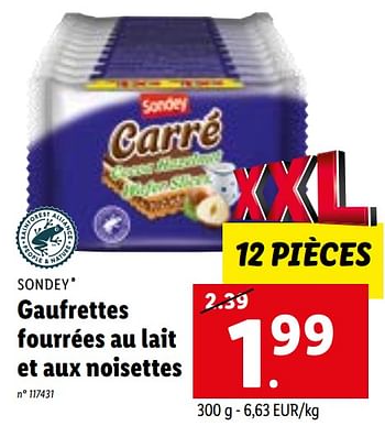Promotions Gaufrettes fourrées au lait et aux noisettes - Sondey - Valide de 09/01/2023 à 14/01/2023 chez Lidl