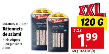 Promotions Bâtonnets de salami - Dulano - Valide de 09/01/2023 à 14/01/2023 chez Lidl