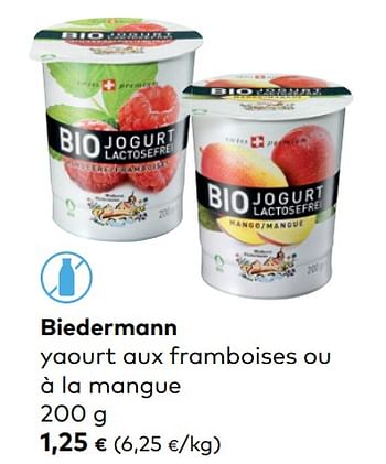 Promotions Biedermann yaourt aux framboises ou à la mangue - Biedermann - Valide de 02/01/2023 à 31/01/2023 chez Bioplanet