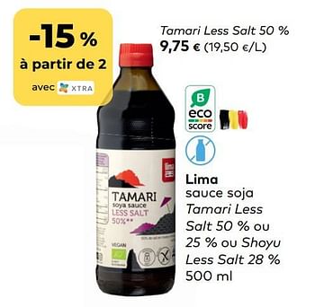Promotions Lima sauce soja tamari less salt - Lima - Valide de 02/01/2023 à 31/01/2023 chez Bioplanet