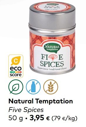 Promotions Natural temptation five spices - Natural Temptations - Valide de 02/01/2023 à 31/01/2023 chez Bioplanet