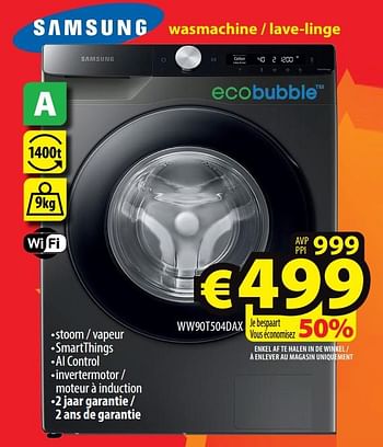 Promotions Samsung wasmachine - lave-linge ww90t504dax - Samsung - Valide de 03/01/2023 à 11/01/2023 chez ElectroStock
