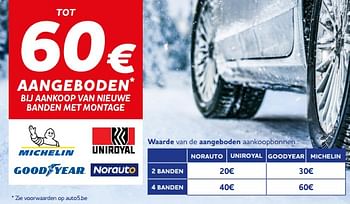 Promotions Tot 60€ aangeboden bij aankoop van nieuwe banden met montage - Produit maison - Auto 5  - Valide de 04/01/2023 à 07/03/2023 chez Auto 5