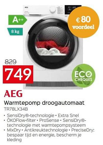 Promoties Aeg warmtepomp droogautomaat tr78lx34b - AEG - Geldig van 03/01/2023 tot 31/01/2023 bij Selexion