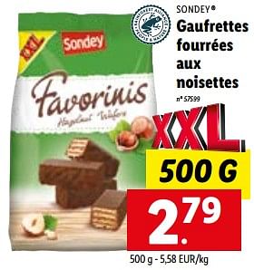 Promotions Gaufrettes fourrées aux noisettes - Sondey - Valide de 15/01/2023 à 21/01/2023 chez Lidl