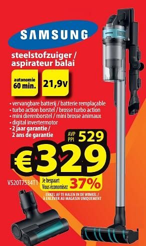 Promoties Samsung steelstofzuiger - aspirateur balai vs20t7534t1 - Samsung - Geldig van 11/01/2023 tot 18/01/2023 bij ElectroStock