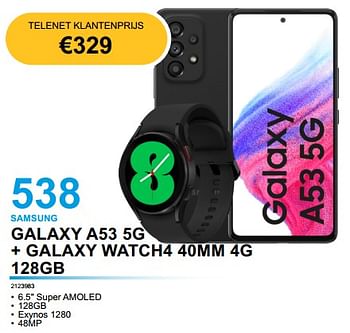 Promoties Samsung galaxy a53 5g + galaxy watch4 40mm 4g 128gb - Samsung - Geldig van 03/01/2023 tot 31/01/2023 bij Derco Systems