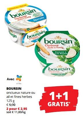 Promotions Boursin onctueux nature ou ail et fines herbes - Boursin - Valide de 12/01/2023 à 25/01/2023 chez Spar (Colruytgroup)