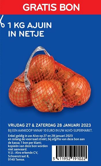 Promoties Gratis bon 1 kg ajuin in netje - Huismerk - Alvo - Geldig van 25/01/2023 tot 07/02/2023 bij Alvo