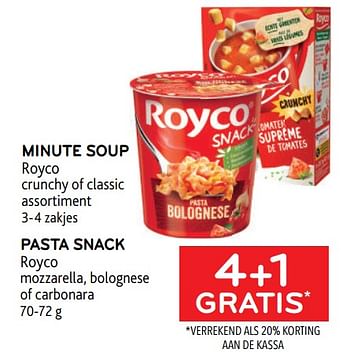 Promoties Minute soup royco + pasta snack royco 4+1 gratis - Royco - Geldig van 25/01/2023 tot 07/02/2023 bij Alvo