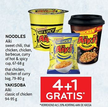 Promoties Noodles aïki + yakisoba aïki 4+1 gratis - Aiki - Geldig van 25/01/2023 tot 07/02/2023 bij Alvo