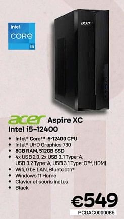 Promotions Acer aspire xc intel i5-12400 - Acer - Valide de 03/01/2023 à 31/01/2023 chez Compudeals