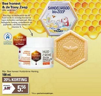 Promoties Bee honest huidcrème honing - Bee Honest - Geldig van 11/01/2023 tot 28/01/2023 bij De Online Drogist