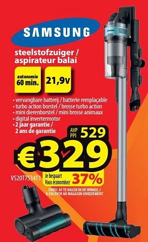 Promoties Samsung steelstofzuiger - aspirateur balai vs20t7534t1 - Samsung - Geldig van 18/01/2023 tot 25/01/2023 bij ElectroStock