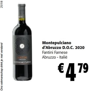 Promoties Montepulciano d’abruzzo d.o.c. 2020 fantini farnese abruzzo - italië - Rode wijnen - Geldig van 11/01/2023 tot 23/01/2023 bij Colruyt