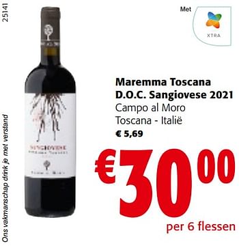 Promoties Maremma toscana d.o.c. sangiovese 2021 campo al moro toscana - italië - Rode wijnen - Geldig van 11/01/2023 tot 23/01/2023 bij Colruyt