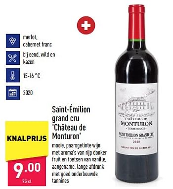 Promotions Saint-émilion grand cru château de monturon - Vins rouges - Valide de 27/01/2023 à 03/02/2023 chez Aldi