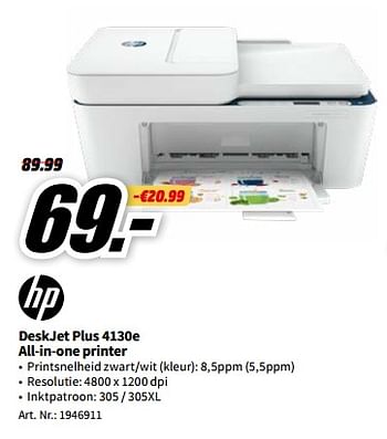 Promoties Hp deskjet plus 4130e all-in-one printer - HP - Geldig van 23/01/2023 tot 31/01/2023 bij Media Markt