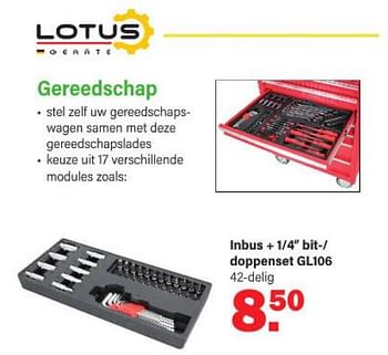 Promoties Gereedschap inbus + 1-4`` bit-- doppenset gl106 - Lotus Geräte - Geldig van 09/01/2023 tot 28/01/2023 bij Van Cranenbroek