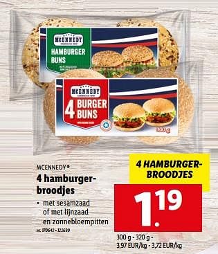 Promoties 4 hamburgerbroodjes - Mcennedy - Geldig van 30/01/2023 tot 04/02/2023 bij Lidl