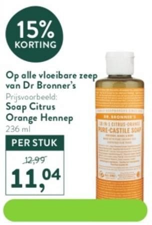 Promoties Soap citrus orange hennep - Dr. bronner's - Geldig van 23/01/2023 tot 19/02/2023 bij Holland & Barret