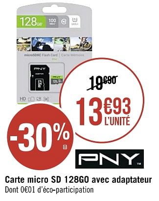 Promotions Carte micro sd 128go avec adaptateur - PNY Technologies - Valide de 11/01/2023 à 06/02/2023 chez Géant Casino