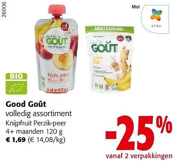 Promoties Good goût knijpfruit perzik-peer - Good Goût - Geldig van 25/01/2023 tot 07/02/2023 bij Colruyt