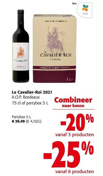 Promoties Le cavalier-roi 2021 a.o.p. bordeaux partybox - Rode wijnen - Geldig van 25/01/2023 tot 07/02/2023 bij Colruyt