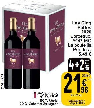Promoties Les cinq pattes 2020 bordeaux - Rode wijnen - Geldig van 31/01/2023 tot 06/02/2023 bij Cora