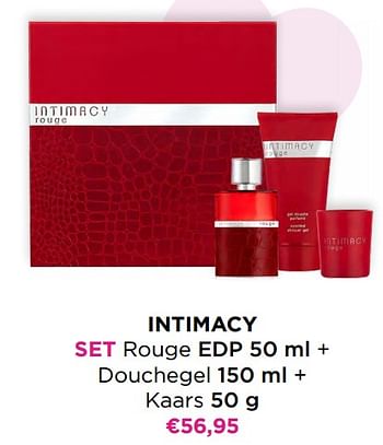 Promotions Intimacy set rouge edp + douchegel + kaars - Intimacy - Valide de 01/02/2023 à 14/02/2023 chez ICI PARIS XL