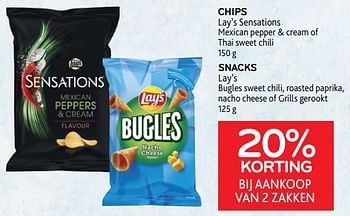 Promoties Chips lay’s sensations + snacks lay’s 20% korting bij aankoop van 2 zakken - Lay's - Geldig van 08/02/2023 tot 21/02/2023 bij Alvo