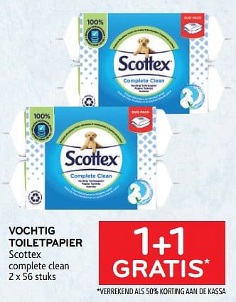 Promoties Vochtig toiletpapier scottex 1+1 gratis - Scottex - Geldig van 08/02/2023 tot 21/02/2023 bij Alvo