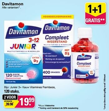 Promoties Junior 3+ kauw vitamines framboos - Davitamon - Geldig van 01/02/2023 tot 18/02/2023 bij De Online Drogist