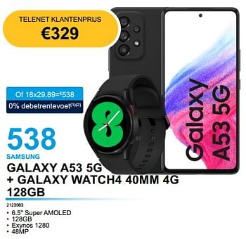 Promoties Samsung galaxy a53 5g + galaxy watch4 40mm 4g 128gb - Samsung - Geldig van 02/02/2023 tot 21/02/2023 bij Auva