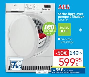Promotions Aeg sèche-linge avec pompe à chaleur t7dbp74k - AEG - Valide de 01/02/2023 à 28/02/2023 chez Eldi