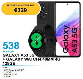 Promoties Samsung galaxy a53 5g + galaxy watch4 40mm 4g 128gb - Samsung - Geldig van 02/02/2023 tot 21/02/2023 bij Beecom