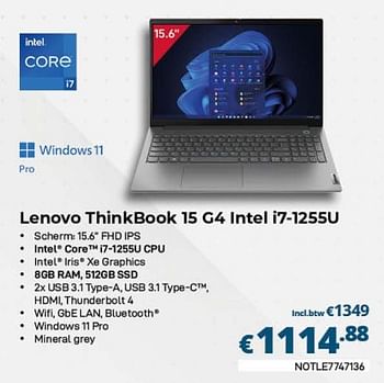 Promoties Lenovo thinkbook 15 g4 intel i7-1255u - Lenovo - Geldig van 01/02/2023 tot 28/02/2023 bij Compudeals