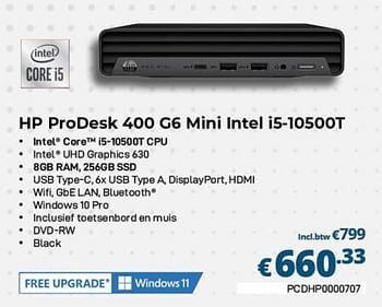 Promoties Hp prodesk 400 g6 mini intel i5-10500t - HP - Geldig van 01/02/2023 tot 28/02/2023 bij Compudeals