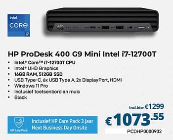 Promoties Hp prodesk 400 g9 mini intel i7-12700t - HP - Geldig van 01/02/2023 tot 28/02/2023 bij Compudeals