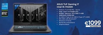 Promoties Asus tuf gaming 17 intel i5-11400h - Asus - Geldig van 01/02/2023 tot 28/02/2023 bij Compudeals