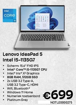 Promoties Lenovo ideapad 5 intel i5-1135g7 - Lenovo - Geldig van 01/02/2023 tot 28/02/2023 bij Compudeals
