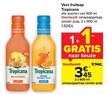 Promotions Sinaasappelsap zonder pulp - Tropicana - Valide de 08/02/2023 à 12/02/2023 chez Carrefour